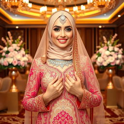 A beautiful Islamic bride, wearing an intricately designed traditional wedding dress, deeply embroidered with vibrant patterns
