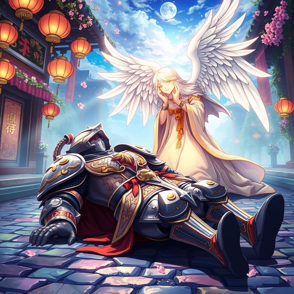 In a vibrant anime style, a tempest knight clad in ornate, gleaming armor lies on a cobblestone street, appearing injured but noble