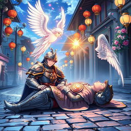 In a vibrant anime style, a tempest knight clad in ornate, gleaming armor lies on a cobblestone street, appearing injured but noble