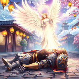 In a vibrant anime style, a tempest knight clad in ornate, gleaming armor lies on a cobblestone street, appearing injured but noble