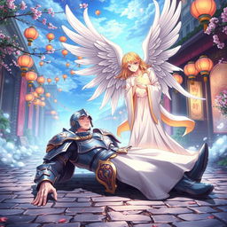In a vibrant anime style, a tempest knight clad in ornate, gleaming armor lies on a cobblestone street, appearing injured but noble