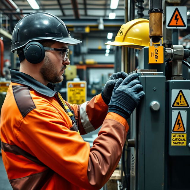 An engaging image of an industrial worker applying lockout/tagout (LOTO) procedures on a machine