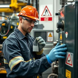 An engaging image of an industrial worker applying lockout/tagout (LOTO) procedures on a machine