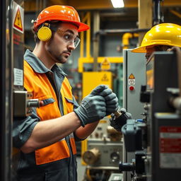 An engaging image of an industrial worker applying lockout/tagout (LOTO) procedures on a machine