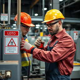 An engaging image of an industrial worker applying lockout/tagout (LOTO) procedures on a machine