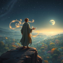 A fantastical scene showing a person standing confidently on a rocky cliff, overlooking a vast, enchanted forest under a starry night sky