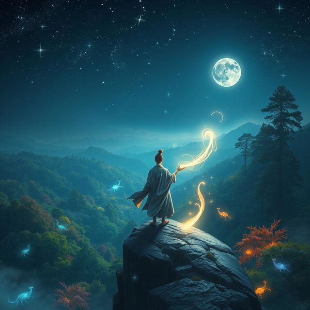 A fantastical scene showing a person standing confidently on a rocky cliff, overlooking a vast, enchanted forest under a starry night sky