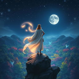 A fantastical scene showing a person standing confidently on a rocky cliff, overlooking a vast, enchanted forest under a starry night sky