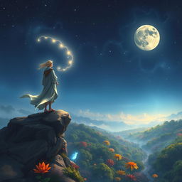 A fantastical scene showing a person standing confidently on a rocky cliff, overlooking a vast, enchanted forest under a starry night sky