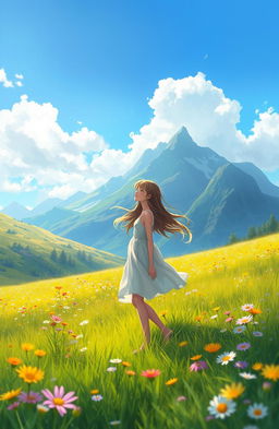 A digital painting of a girl enjoying a serene moment in a stunning natural landscape