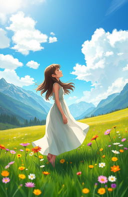 A digital painting of a girl enjoying a serene moment in a stunning natural landscape