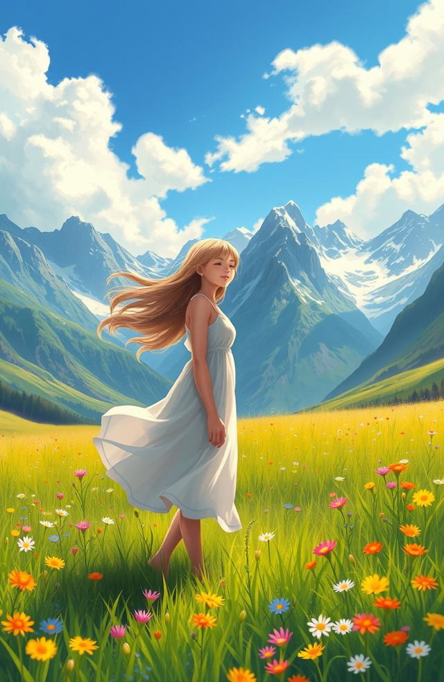 A digital painting of a girl enjoying a serene moment in a stunning natural landscape