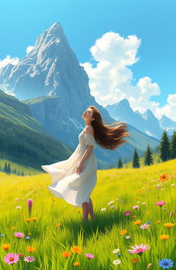 A digital painting of a girl enjoying a serene moment in a stunning natural landscape