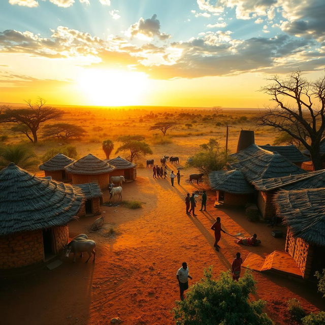 A stunning landscape view of an African village, showcasing a vibrant scene filled with traditional mud huts with thatched roofs set against a backdrop of vast savannah and acacia trees