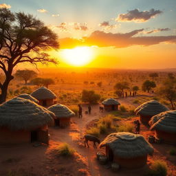 A stunning landscape view of an African village, showcasing a vibrant scene filled with traditional mud huts with thatched roofs set against a backdrop of vast savannah and acacia trees