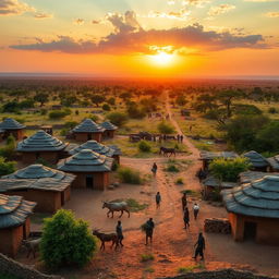 A stunning landscape view of an African village, showcasing a vibrant scene filled with traditional mud huts with thatched roofs set against a backdrop of vast savannah and acacia trees