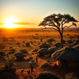 A stunning landscape view of an African village, showcasing a vibrant scene filled with traditional mud huts with thatched roofs set against a backdrop of vast savannah and acacia trees