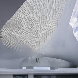 An architectural design of a roof with a unique curved structure