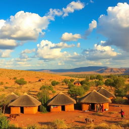 A stunning panoramic view of an African village landscape, featuring traditional mud huts with thatched roofs set against a backdrop of rolling hills and acacia trees