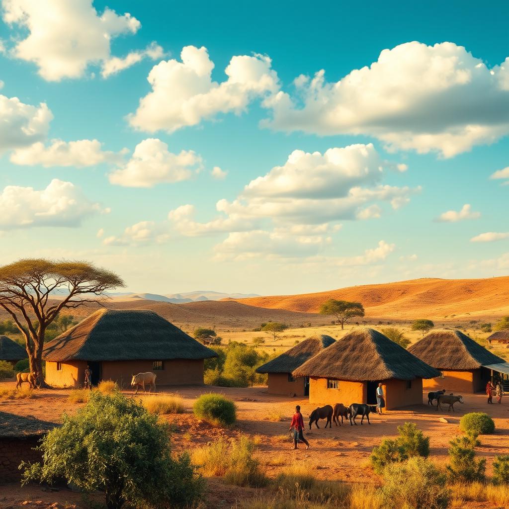 A stunning panoramic view of an African village landscape, featuring traditional mud huts with thatched roofs set against a backdrop of rolling hills and acacia trees