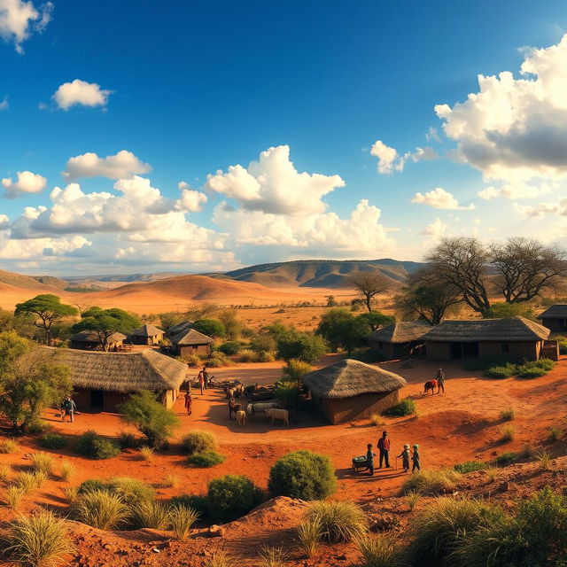 A stunning panoramic view of an African village landscape, featuring traditional mud huts with thatched roofs set against a backdrop of rolling hills and acacia trees