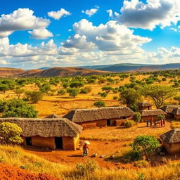 A stunning panoramic view of an African village landscape, featuring traditional mud huts with thatched roofs set against a backdrop of rolling hills and acacia trees