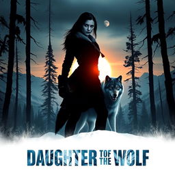 A captivating teaser poster for 'Daughter of the Wolf (2019)', featuring a powerful silhouette of a strong, determined woman standing against the backdrop of a rugged wilderness