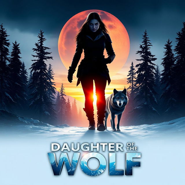 A captivating teaser poster for 'Daughter of the Wolf (2019)', featuring a powerful silhouette of a strong, determined woman standing against the backdrop of a rugged wilderness