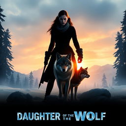 A captivating teaser poster for 'Daughter of the Wolf (2019)', featuring a powerful silhouette of a strong, determined woman standing against the backdrop of a rugged wilderness