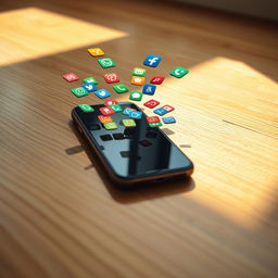 A close-up view of a smartphone laying on a textured wooden floor, with various colorful app icons cascading out from the phone