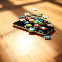 A close-up view of a smartphone laying on a textured wooden floor, with various colorful app icons cascading out from the phone