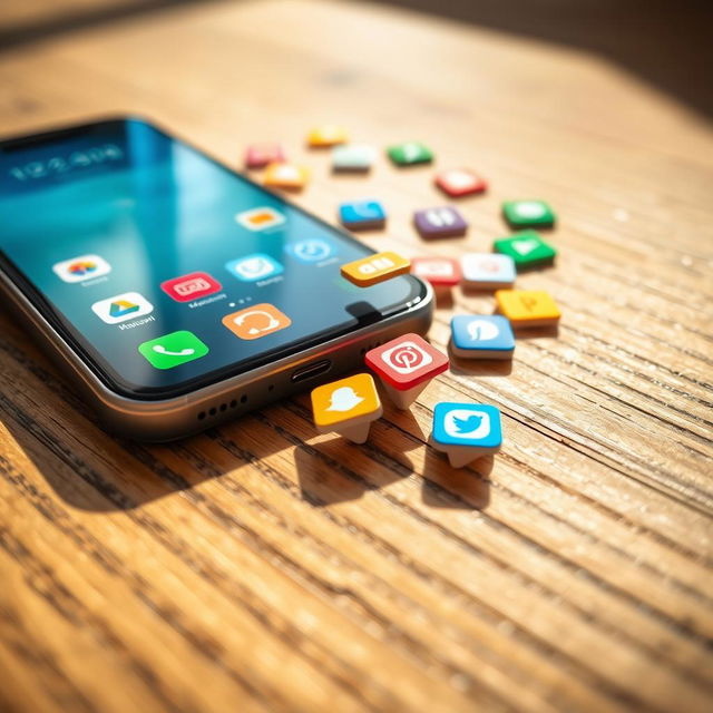 A close-up view of a smartphone laying on a textured wooden floor, with various colorful app icons cascading out from the phone