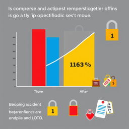 A visually appealing graphic illustrating the reduction of workplace accidents after the implementation of the LOTO (Lockout/Tagout) system