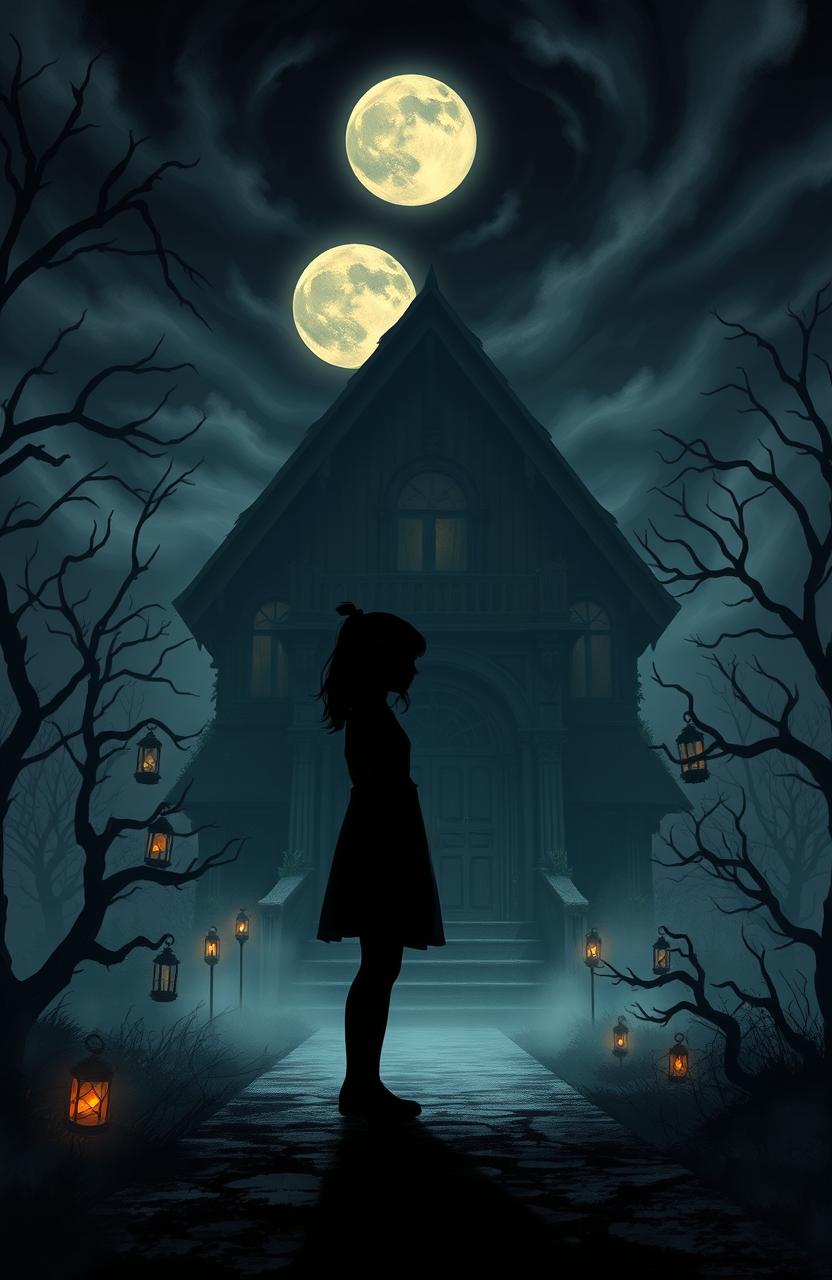 A digital painting depicting a shadow of a girl standing outside a horror-themed haunted house