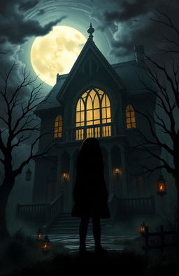 A digital painting depicting a shadow of a girl standing outside a horror-themed haunted house