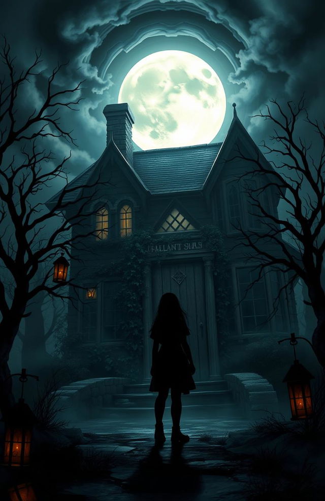 A digital painting depicting a shadow of a girl standing outside a horror-themed haunted house