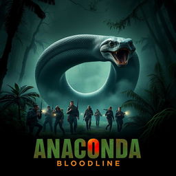 A thrilling teaser poster for 'Anaconda: Bloodline (2025)', featuring a massive, menacing anaconda coiling through a dense, fog-laden jungle