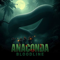 A thrilling teaser poster for 'Anaconda: Bloodline (2025)', featuring a massive, menacing anaconda coiling through a dense, fog-laden jungle