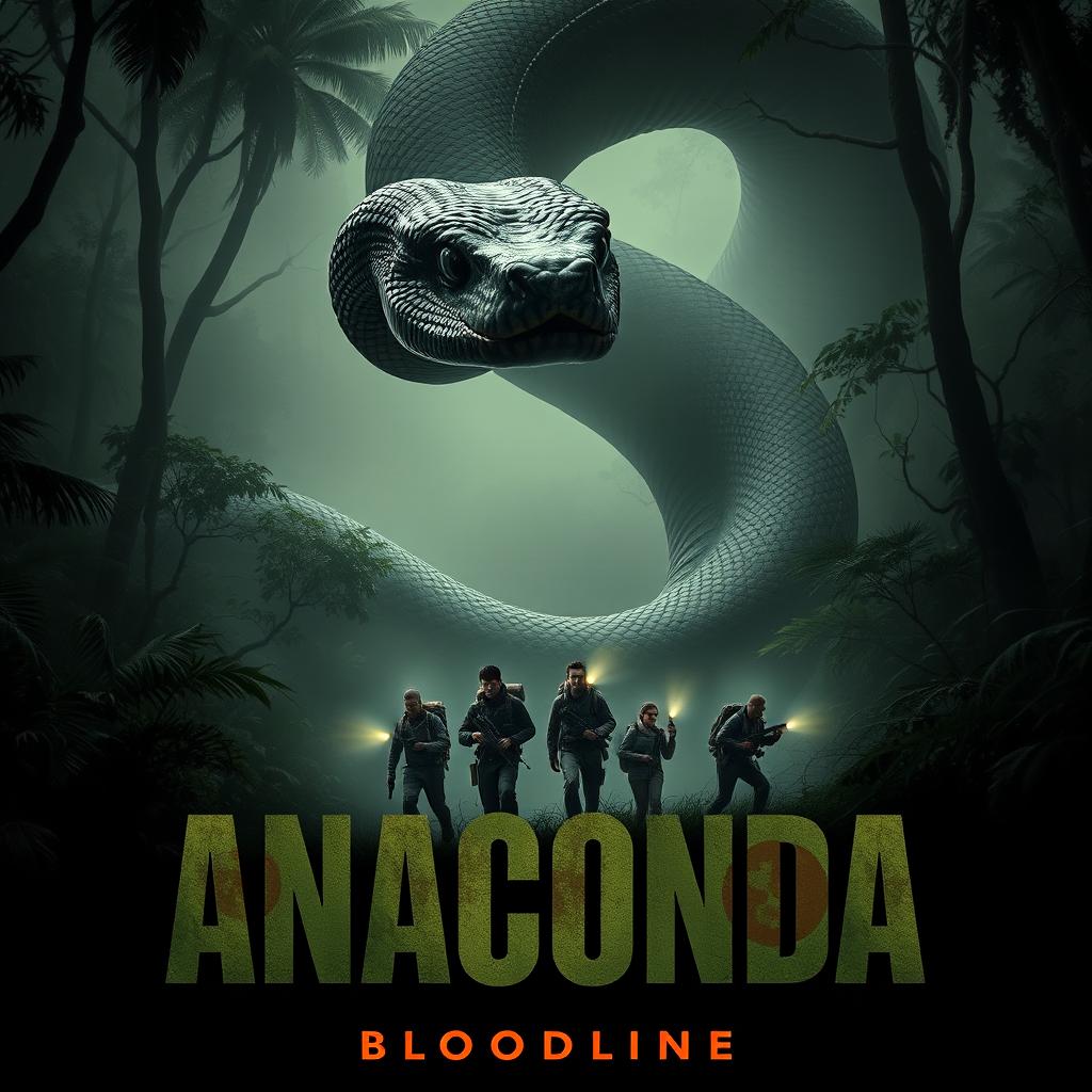 A thrilling teaser poster for 'Anaconda: Bloodline (2025)', featuring a massive, menacing anaconda coiling through a dense, fog-laden jungle