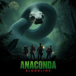 A thrilling teaser poster for 'Anaconda: Bloodline (2025)', featuring a massive, menacing anaconda coiling through a dense, fog-laden jungle