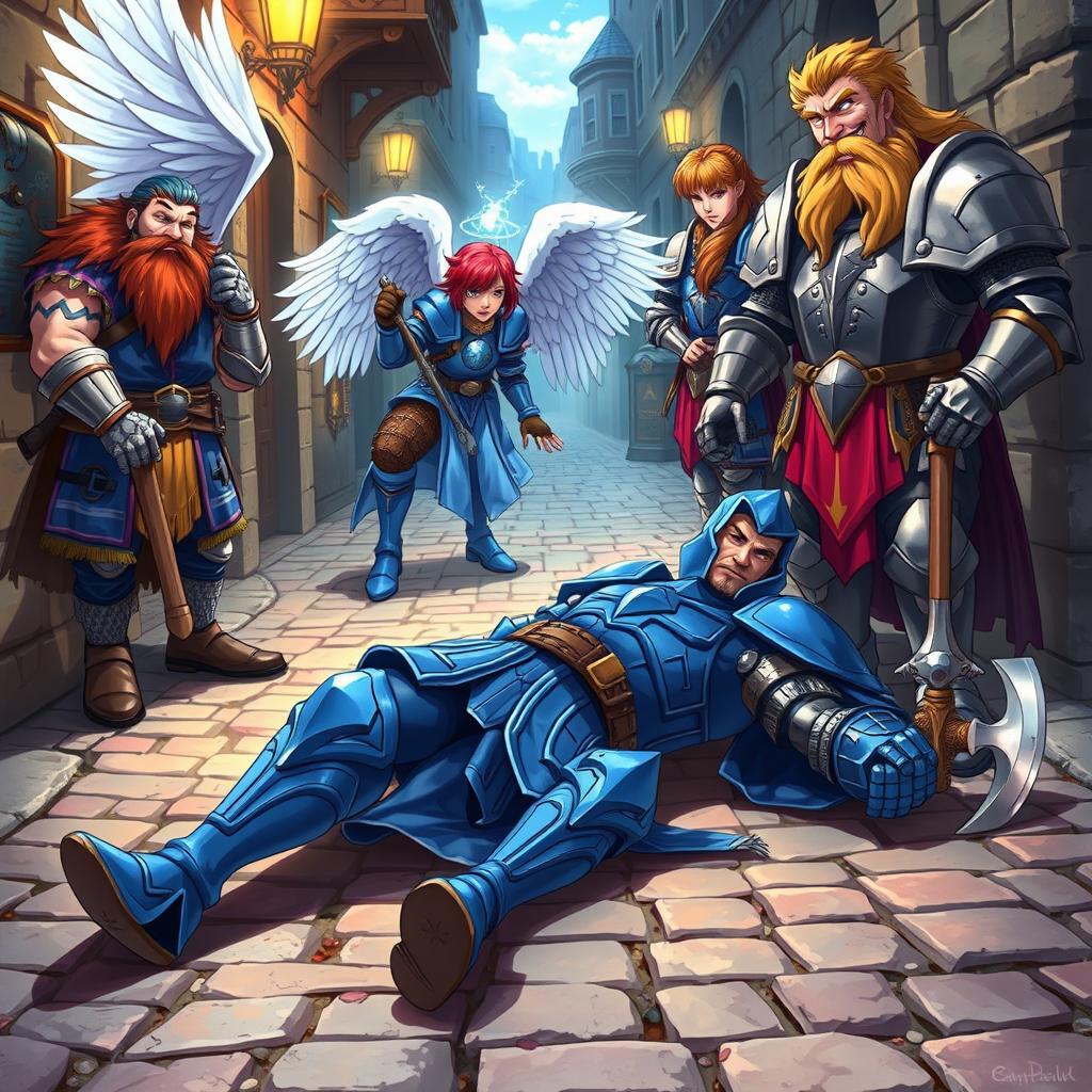 In a captivating anime style, a blue knight lies lifeless on a cobblestone street, dressed in intricate blue armor with a serene expression