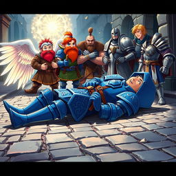 In a captivating anime style, a blue knight lies lifeless on a cobblestone street, dressed in intricate blue armor with a serene expression