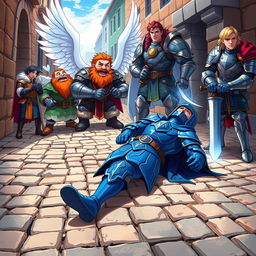 In a captivating anime style, a blue knight lies lifeless on a cobblestone street, dressed in intricate blue armor with a serene expression