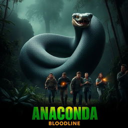 An intense teaser poster for 'Anaconda: Bloodline (2025)', featuring a giant, menacing anaconda in a dynamic coiling position set against a backdrop of a dense, misty jungle