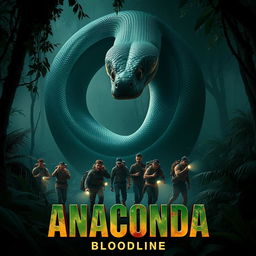 An intense teaser poster for 'Anaconda: Bloodline (2025)', featuring a giant, menacing anaconda in a dynamic coiling position set against a backdrop of a dense, misty jungle
