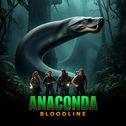 An intense teaser poster for 'Anaconda: Bloodline (2025)', featuring a giant, menacing anaconda in a dynamic coiling position set against a backdrop of a dense, misty jungle