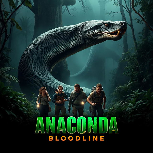 An intense teaser poster for 'Anaconda: Bloodline (2025)', featuring a giant, menacing anaconda in a dynamic coiling position set against a backdrop of a dense, misty jungle