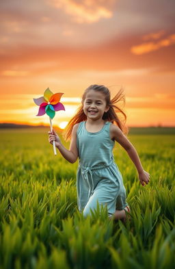 A beautiful scene of an 8-year-old girl joyfully running through a lush green field during a stunning sunset