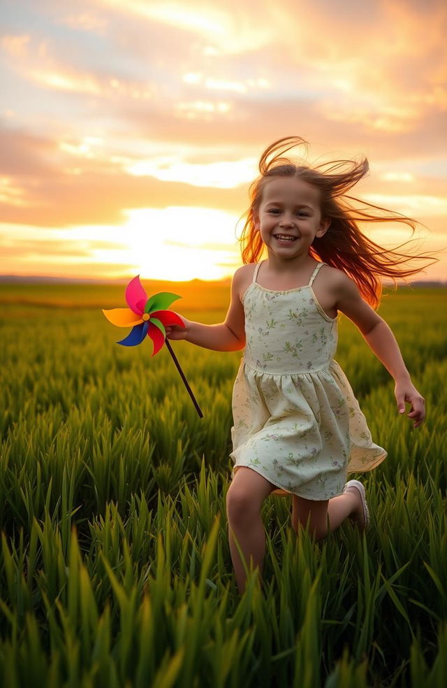 A beautiful scene of an 8-year-old girl joyfully running through a lush green field during a stunning sunset