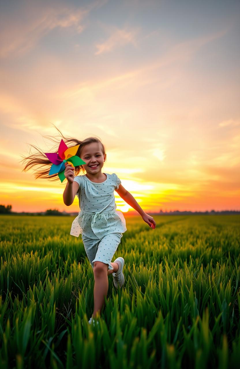 A beautiful scene of an 8-year-old girl joyfully running through a lush green field during a stunning sunset